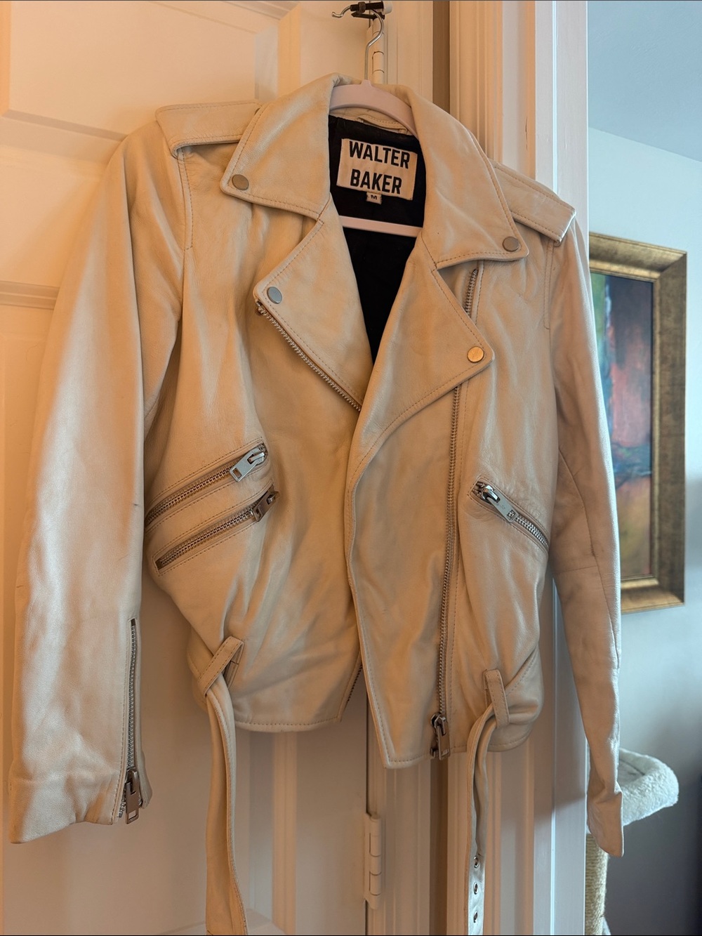 Walter Baker Soft Cream Leather Moto Jacket with Belted Hem